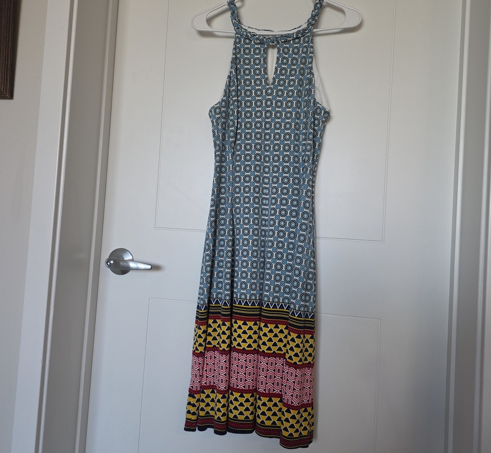 Maggy London Blue Geometric Maxi Dress with Multicolor Hem